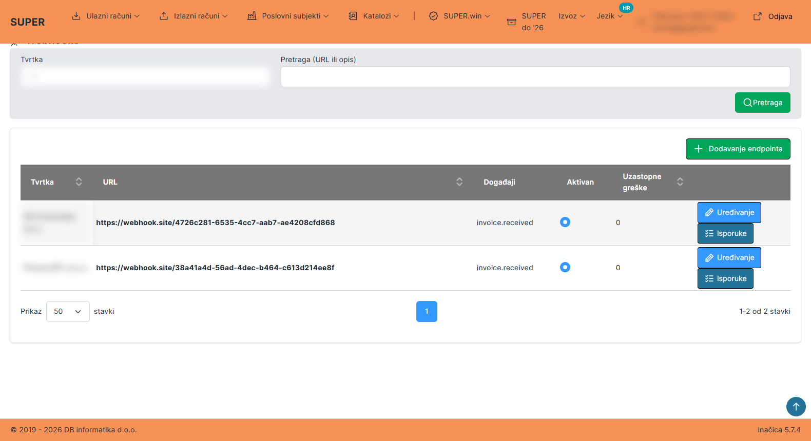 Webhook endpoint list