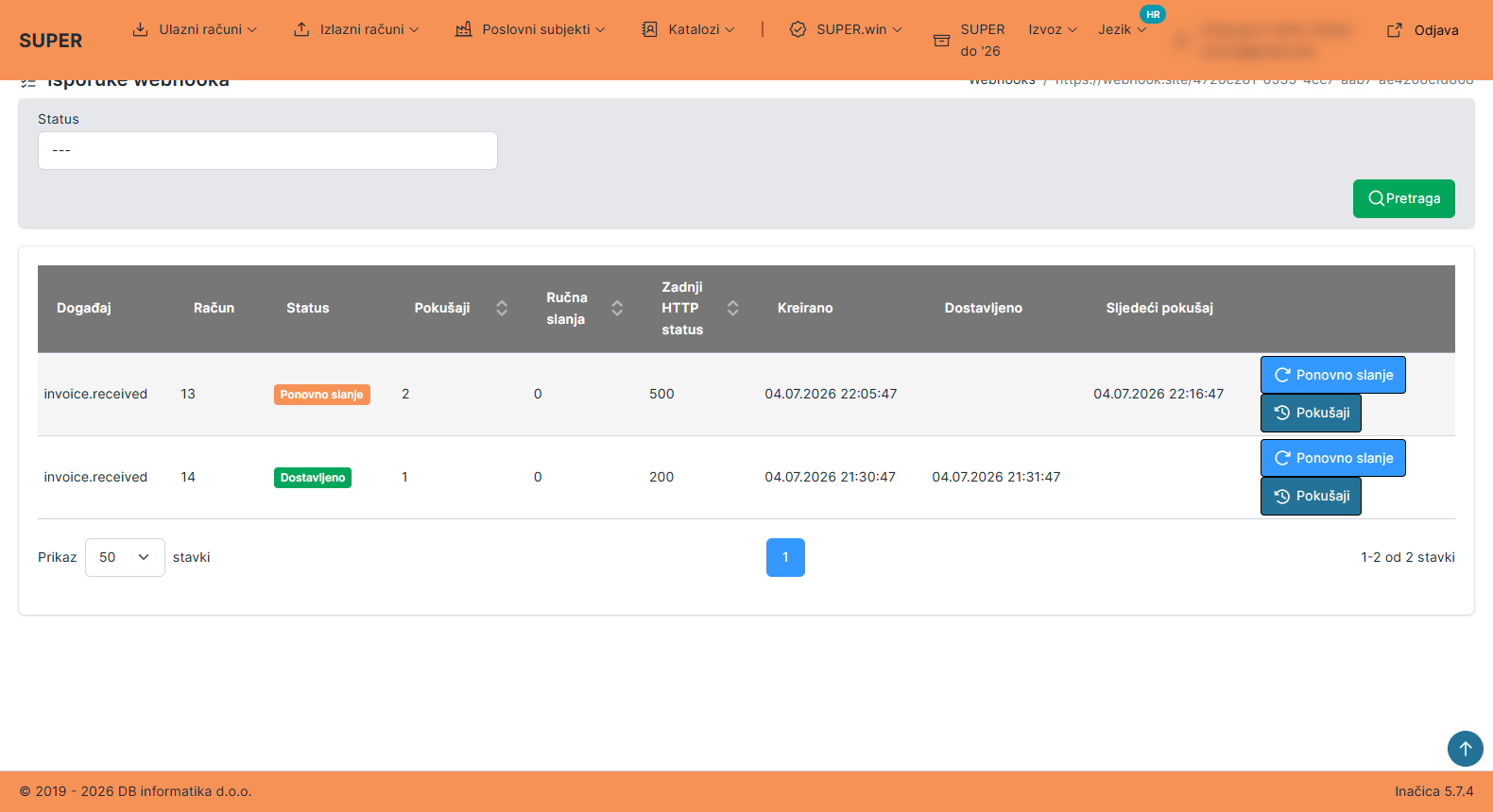 Delivery log with Resend and Attempts buttons